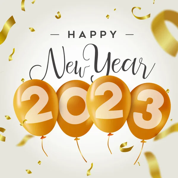 Feliz Ano Novo 2023 Ilustração Cartão Saudação Balões Ouro Dinâmico — Vetor de Stock