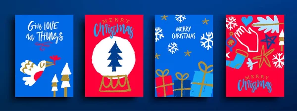 休日の愛と意識的な消費意識のための肯定的な動機の引用とかわいい手描きのお祝いのドアのアイコンのメリークリスマスグリーティングカードコレクション お祝いのテンプレートカバーをテキストで設定します — ストックベクタ