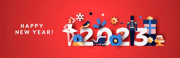 新年快乐2023网页横幅图解 摘要以红色为背景的现代几何风格的平面卡通假日装饰 包括玩具兵 三爪雪橇 — 图库矢量图片