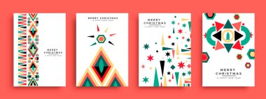 Mutlu Noeller soyut geometrik tebrik kartı seti. Parti daveti veya xmas sezonu dileği için kış elementlerinin koleksiyonu, temel şekiller pastel renkler kompozisyon tasarımı.