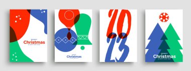 Mutlu Noeller minimalizm modern tebrik kartı. Kış tatili unsurlarının şablon koleksiyonu dekorasyonu, parti daveti için modaya uygun şeffaf şekiller tasarımı, xmas sezonu posteri veya İnternet reklamları.