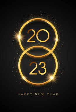 Mutlu yıllar 2023 dikey tebrik kartı illüstrasyonu. Siyah zemin üzerinde parti simleri ve takvim numarası olan 3D altın yüzük çerçevesi. Lüks VIP kutlama etkinliği tasarımı konsepti.