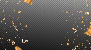 Gerçekçi 3D altın rengi parti konfetileri şeffaf arkaplan resimlerine dökülüyor. Özel etkinlik, Noel, yeni yıl, yıldönümü veya doğum günü kutlamaları için moda tatil tasarımı unsurları.