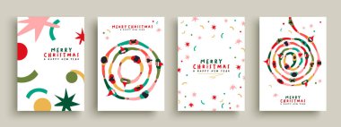 Büyük bir grup insanın el ele tutuşup yuvarlak yuvarlak şekil koleksiyonu yaptığı mutlu noel tebrik kartları. Renkli farklı arkadaş grubu konsepti, izole edilmiş arkaplan kartı üzerinde birleşik toplum karikatürü tatil sezonu için.