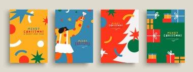 Düz renk illüstrasyonlu mutlu noel tebrik kartları. Kutlama yapan bir kadın, Xmas çam ağacı, renkli hediye kutusu ve şenlikli bir alıntıyla. Tatil sezonu tasarımı için mutlu insanlar kavramı.