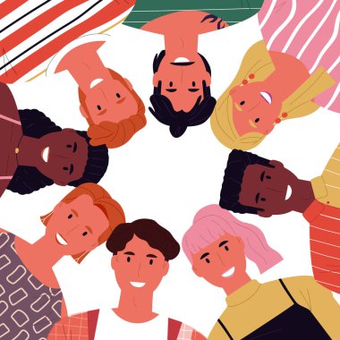 Tecrit edilmiş arka planda farklı genç insanlar. Mutlu ergen grup kutlamaları ya da arkadaş topluluğu konsepti. Gülümseyen erkek ve kadın takımı, karikatür karakteri ilüzyonu boş beyaz arka planda.