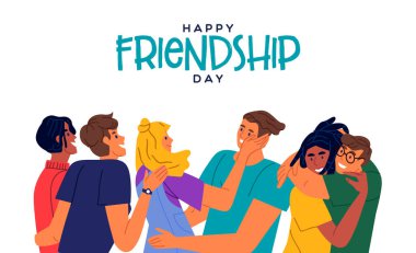 Arkadaşlık gününüz kutlu olsun. Çeşitli gençler birbirine sarılıyor. Düz tasarım tarzında bir arkadaş grubu kutlama yapıyor.