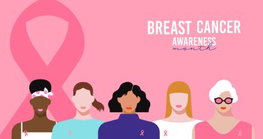Breast Cancer Awareness month greeting card illustration. Diverse young women of different cultures. Modern flat cartoon female characters together for disease prevention, solidarity or charity campaign.