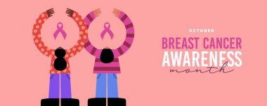 Breast Cancer Awareness month banner illustration of diverse young women hug pink ribbon symbol. Concept greeting card for disease prevention, solidarity or charity campaign.