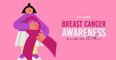 Breast Cancer Awareness month concept illustration with young woman cartoon and pink ribbon symbol. Modern flat cartoon girl character for disease prevention, solidarity or charity campaign.