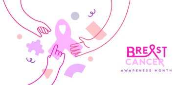Breast Cancer Awareness month web banner illustration of diverse woman hands together. Female teamwork concept, modern flat cartoon outline arms for disease prevention, solidarity or charity campaign.