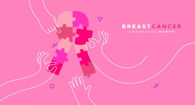 Breast Cancer Awareness month greeting card illustration of woman hands putting together pink ribbon symbol puzzle for disease prevention, solidarity or charity campaign concept. Modern flat cartoon outline arms.