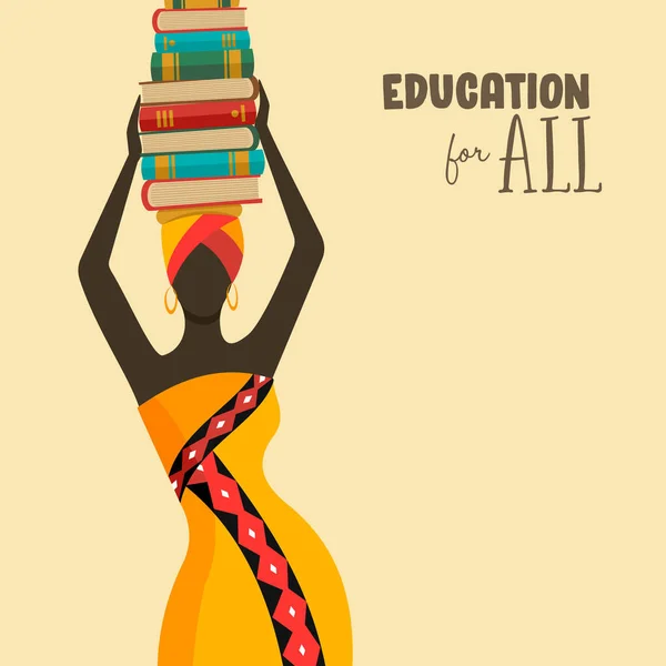 头上戴着传统头饰和书堆的非洲女人 关于全民教育和所有妇女平等权利概念的矢量说明 — 图库矢量图片