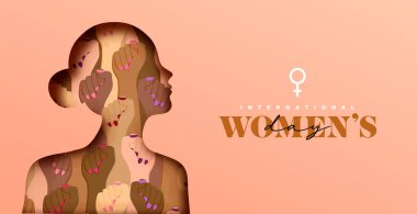 Happy womens day greeting card template. 3D papercut female woman silhouette with diverse group of people of different religion and culture. Cute paper craft design for international event.