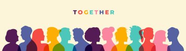 Together colorful quote illustration with diverse silhouette people faces in transparent color design. Ethnic character team flat cartoon for unity or community help concept social media banner.