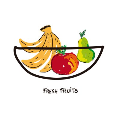 Bowl with fresh fruit in doodle style vector illustration. Banana, apple and pear inside the basket in hand drawn art on isolated background. Design elements for vegan diet, raw food and organic products.