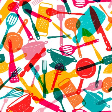 Cooking tool set seamless pattern design. Diverse kitchen utensils in colorful transparent doodle style on isolated background. Multicolor vector illustration for book cover, fabric print, wallpaper and wrapping paper.