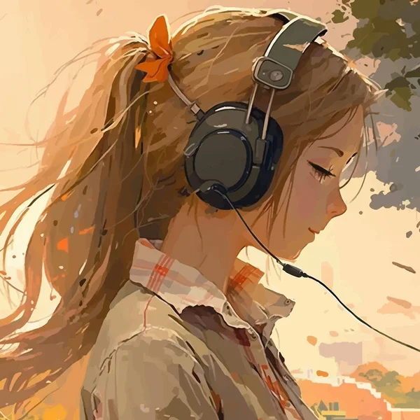 Portrait Romantic Teen Girl Listening Music Hit Headphones Multicolored Creative — Stock Vector