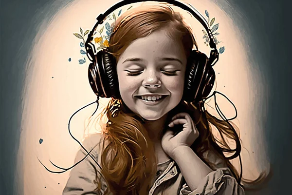 音楽を聞いて幸せな女子高生の肖像画は 創造的な絵筆イラストスプラッシュフラワーパーティースタイルでヘッドフォンでヒット 世代別アート Eps10ベクトル — ストックベクタ
