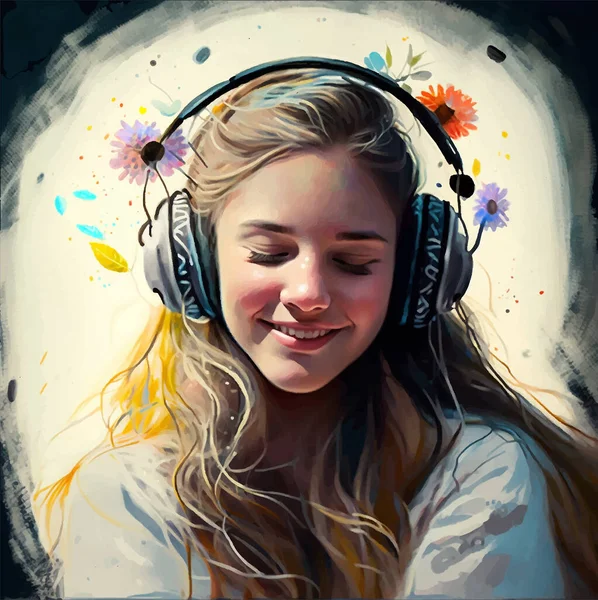 Портрет Счастливой Молодой Девушки Слушающей Музыку Хитом Наушниками Разноцветной Креативной — стоковый вектор