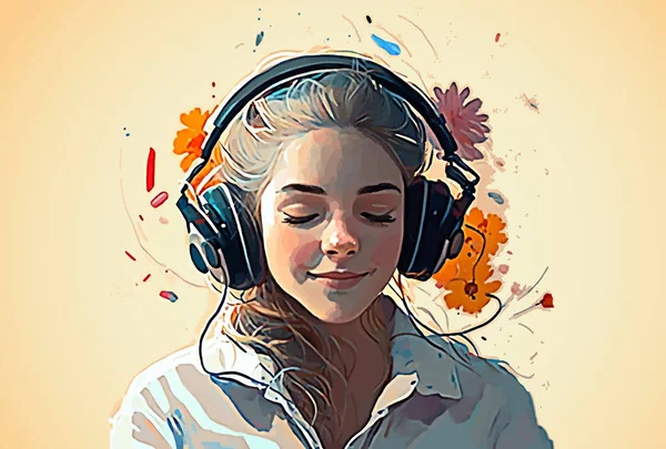 多色の創造的な絵筆のイラストスプラッシュパーティースタイルでヘッドフォンでヒット音楽を聞いて幸せな若い女の子の肖像画 世代別アート Eps10ベクトル — ストックベクタ