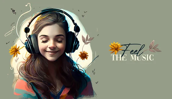 Πορτρέτο Της Ευτυχούς Νεαρή Κοπέλα Ακούγοντας Μουσική Χτύπημα Ακουστικά Πολύχρωμα — Διανυσματικό Αρχείο