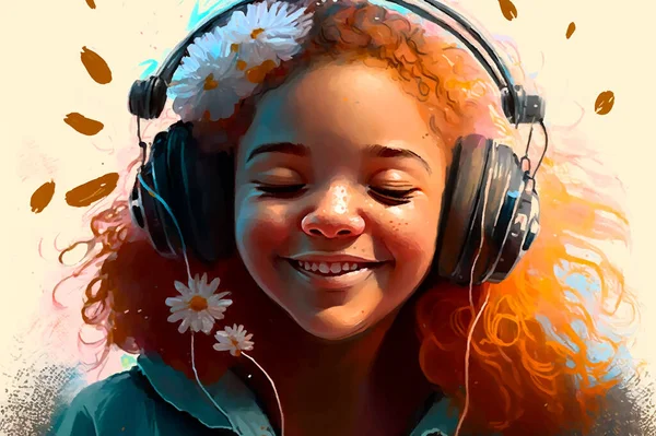 Portret Szczęśliwej Afro Młoda Dziewczyna Czarnymi Kręconymi Włosami Korzystających Muzyki — Wektor stockowy