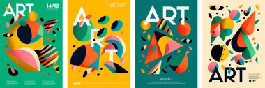 Soyut modern sanat posterleri illüstrasyonu koleksiyonu. Düz arkaplanda geometrik şekiller ve renkli noktalar. Broşür, kapak ve sergi afişi için kullanılır..