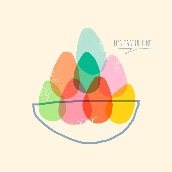 Pilha Ovos Páscoa Coloridos Cartão Ilustração Cesta Com Mão Colorida — Vetor de Stock