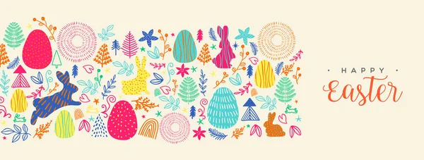 Happy Easter Colorful Hand Drawn Doodle Greeting Card Illustration Folk — Stock Vector