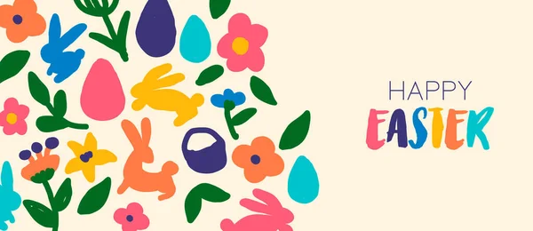 快乐的复活节横幅插图与彩色手绘涂鸦元素的简单平面风格 美丽的春天元素装饰 兔和蛋在孤立的背景下 — 图库矢量图片