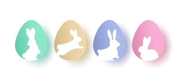 Uova Pasqua Conigli Silhouette Stile Carta Tagliata Set Pose Coniglietti — Vettoriale Stock