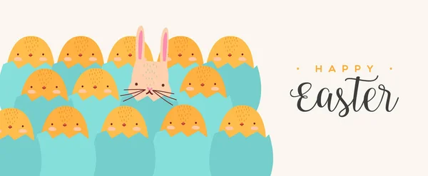 Group Easter Eggs Yellow Chicks Rabbit Hatching Cartoon Flat Design — Stock Vector