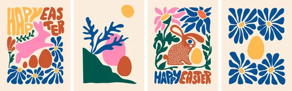 Щасливі Великодні Вітальні Листівки Ілюстрації Встановлені Каракулі Matisse Стилі Мистецтва — стоковий вектор