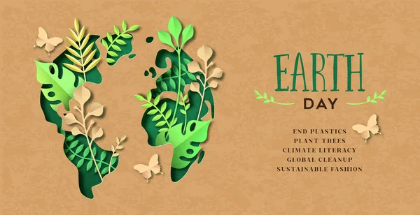 Баннер Дня Земли Иллюстрация Зеленой Бумажной Карты Мира Садом Листьев — стоковый вектор