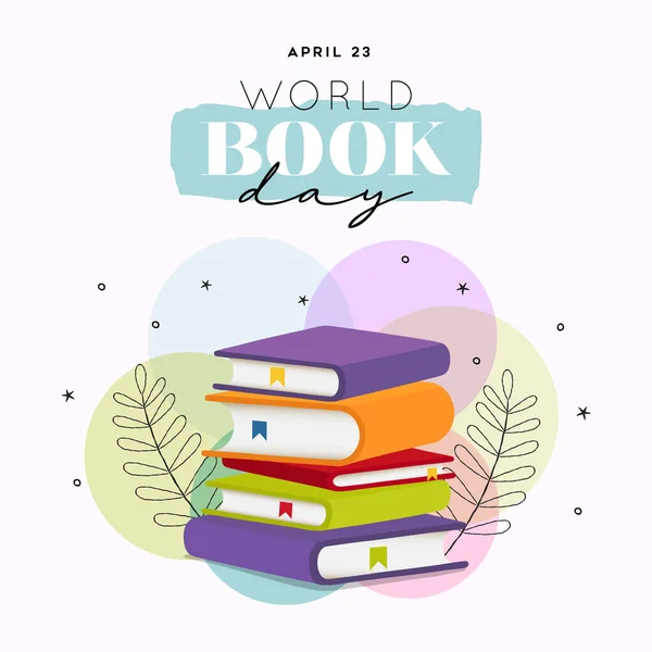 stock vector Worl book day card concept illustration. Big reading books pile on isolated white background. Colorful flat cartoon style for book fair or school education concept. April 23 holiday event design.