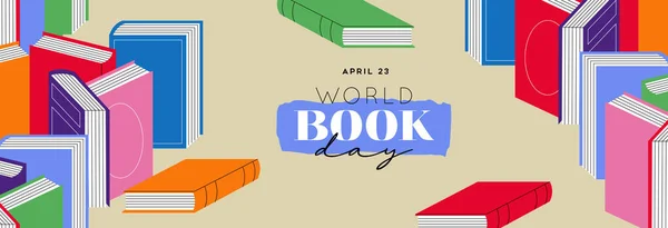 世界图书日贺卡插图彩色书堆的平面卡通风格与阅读字体引文 四月二十三日假日活动设计概念 — 图库矢量图片