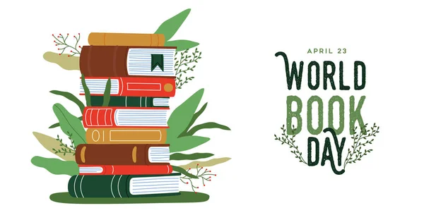 世界图书日贺卡插图不同的书堆与绿色植物叶子生长的知识 4月23日假日活动设计 信息增长概念 — 图库矢量图片