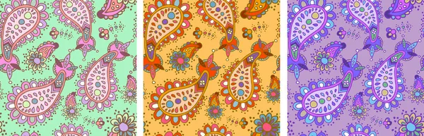 彩色原生无缝图案集矢量设计 手工画出绿色 橙色和紫色背景的抽象元素 用于织物 墙纸和包装纸 — 图库矢量图片