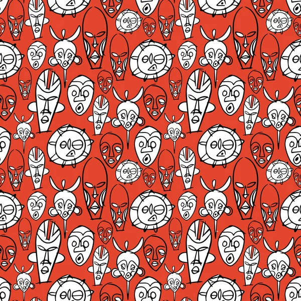 アフリカの部族マスクシームレスパターンベクトルデザイン 赤い背景に手描きのスタイルで顔の装飾 ファブリック 壁紙や包装紙のための使用 — ストックベクタ