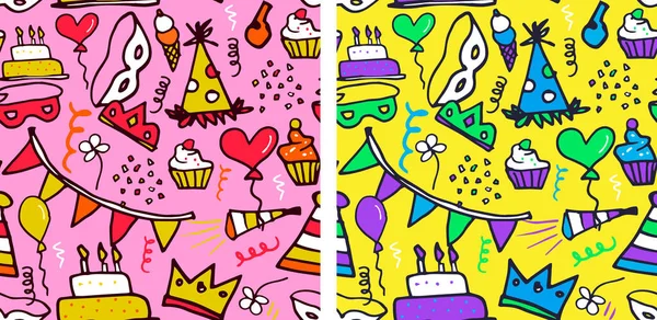 Fun Happy Birthday Doodle Seamless Pattern Set Vector Design Party — Stock Vector