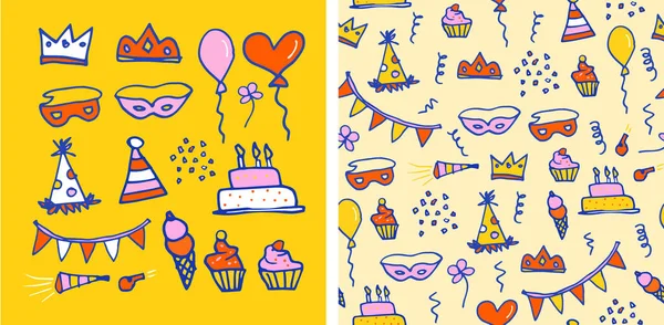 Happy Birthday Doodle Seamless Pattern Set Vector Design Celebration Elements — Stock Vector