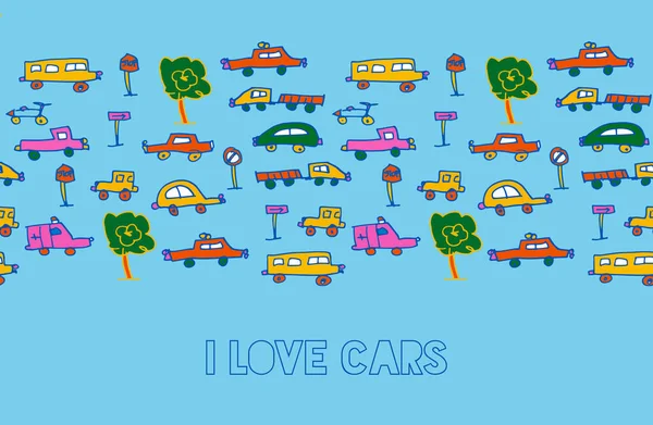 Amo Carros Divertidos Doodle Crianças Design Vetor Banner Padrão Sem — Vetor de Stock
