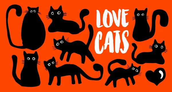 爱猫涂鸦矢量设计 手头上的动物元素在孤立的橙色背景下制成风格 用于装饰 墙纸和织物 — 图库矢量图片