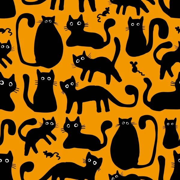 黑猫涂鸦无缝图案设计 在孤立的黄色背景上手绘的家畜元素风格 用于织物 墙纸和包装纸 — 图库矢量图片