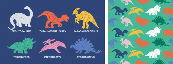 恐龙无缝图案集矢量设计 古老的动物在孤立的蓝色和绿色背景上的自由风格 用于装饰 墙纸和包装纸 — 图库矢量图片