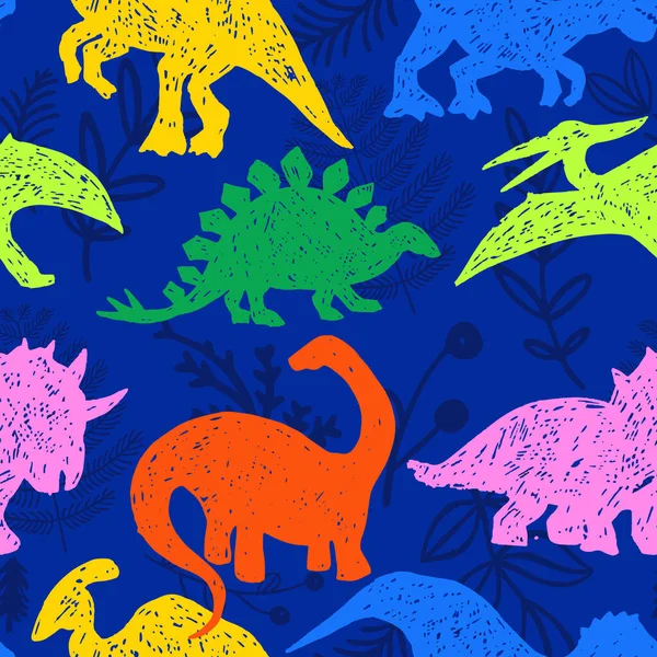 Dinozorlar Tropikal Yapraklar Kusursuz Desenli Vektör Tasarımı Eski Hayvanlar Yordamıyla — Stok Vektör