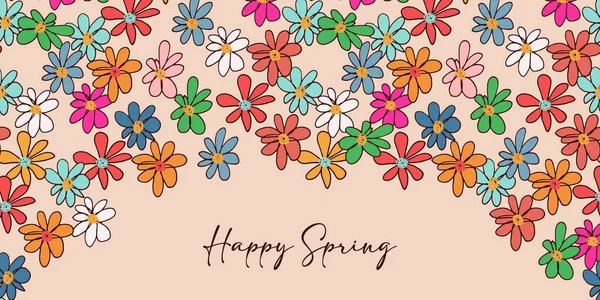 ハッピー春の花のバナーデザイン ベージュの背景にフリーハンドスタイルでカラフルな天然の春の時間の要素 包装紙の使用 — ストックベクタ