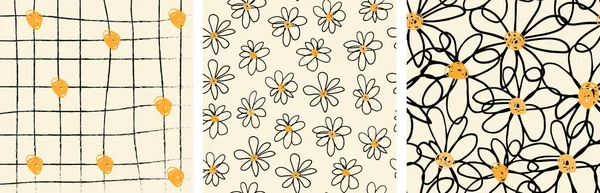 手工绘制的菊花无缝图案矢量集设计 自然元素在米色背景的自由风格 用于墙纸 织物和包装纸 — 图库矢量图片