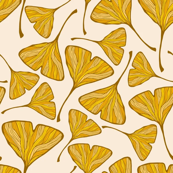 银杏黄叶无缝图案矢量设计 自然元素手绘风格与孤立的米色背景 用于织物 墙纸和包装纸 — 图库矢量图片